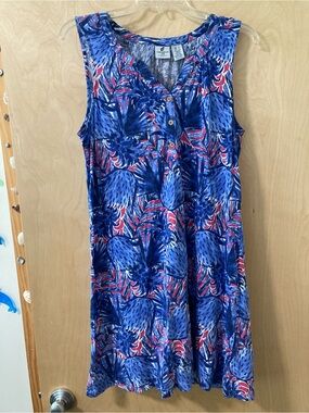 Caribbean Joe Blue and Pink Tropical Pineapple Sleeveless Dress Women’s Sz Large
